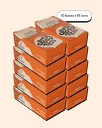 Ten boxes of My Goodness Fudgy Choc n' Hazelnut bars, 15 bars per box, stacked together